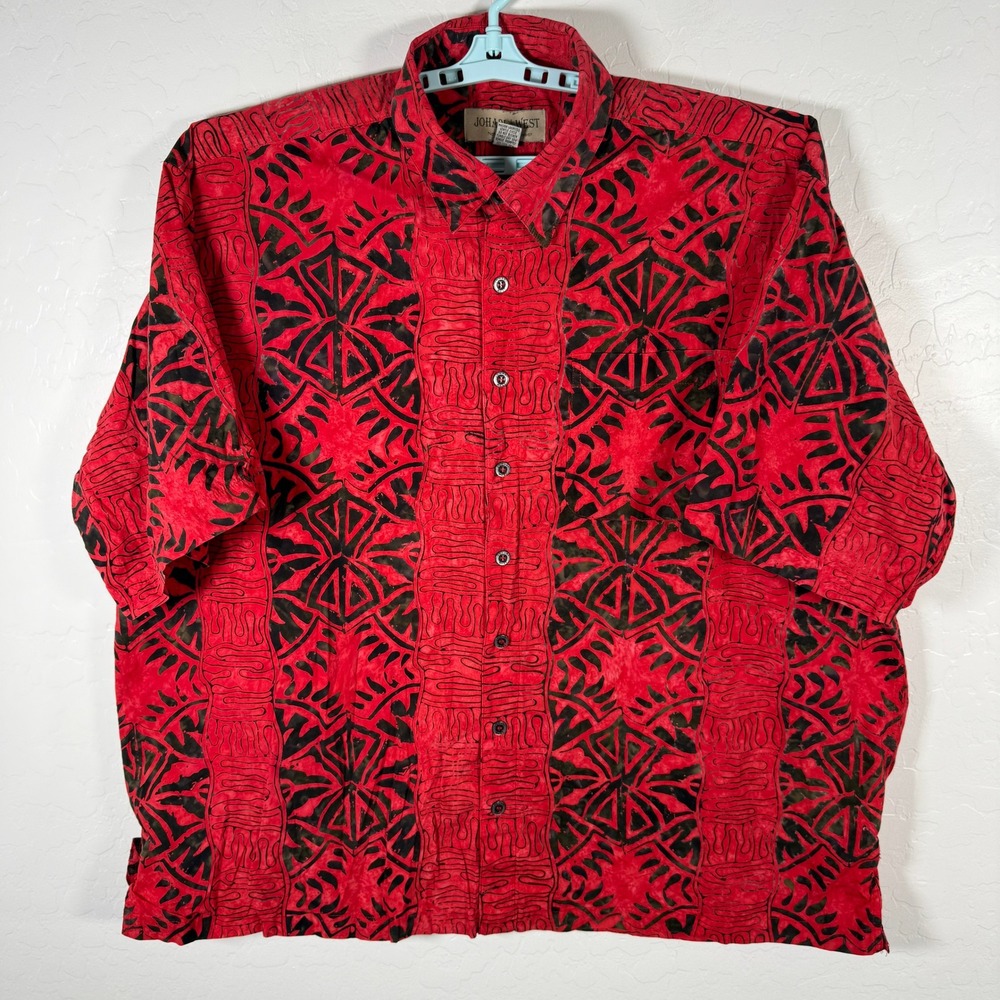 Johari West Shirt Mens 4XL Red Black Batik Button Up Cotton Hawaiian Aloha